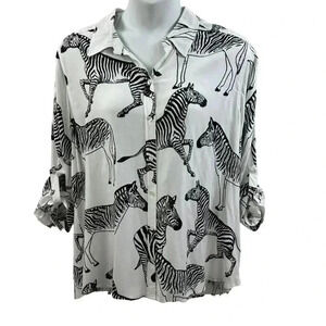 Jane + Delancey white and black zebra print blouse roll tab sleeves 2XL NWT Zoo